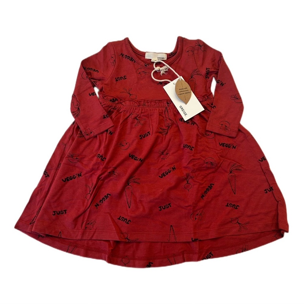 Greige red veggie dress - 9-12 months